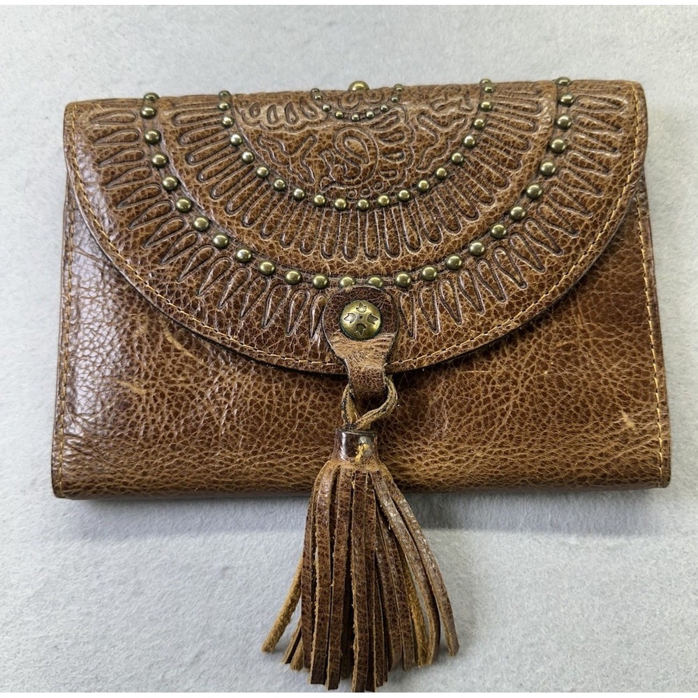 Patricia Nash Brown Distressed Leather Trifold Wallet Stud Embellishing 7 X 5.5"